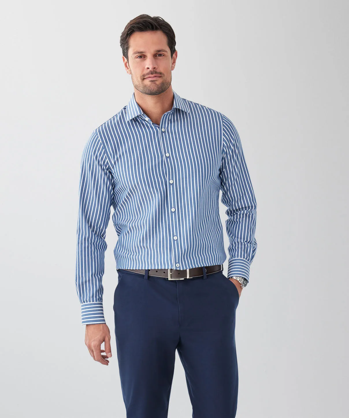 Tailored Fit Easy Care Stripe Long Sleeve Shirt - Denim sold by GAZMAN