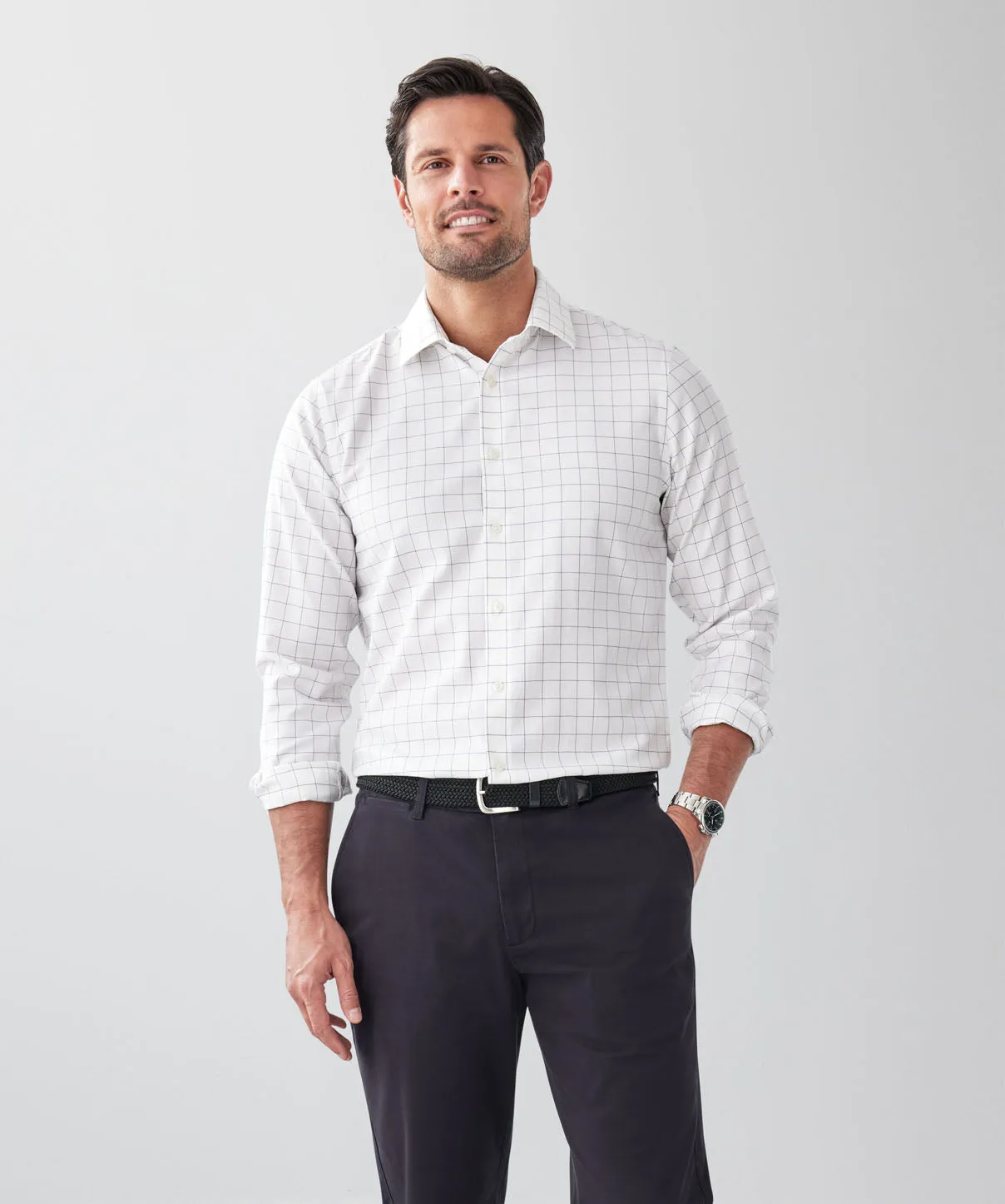 Tailored Fit Non-Iron Check Long Sleeve Shirt - White sold by GAZMAN