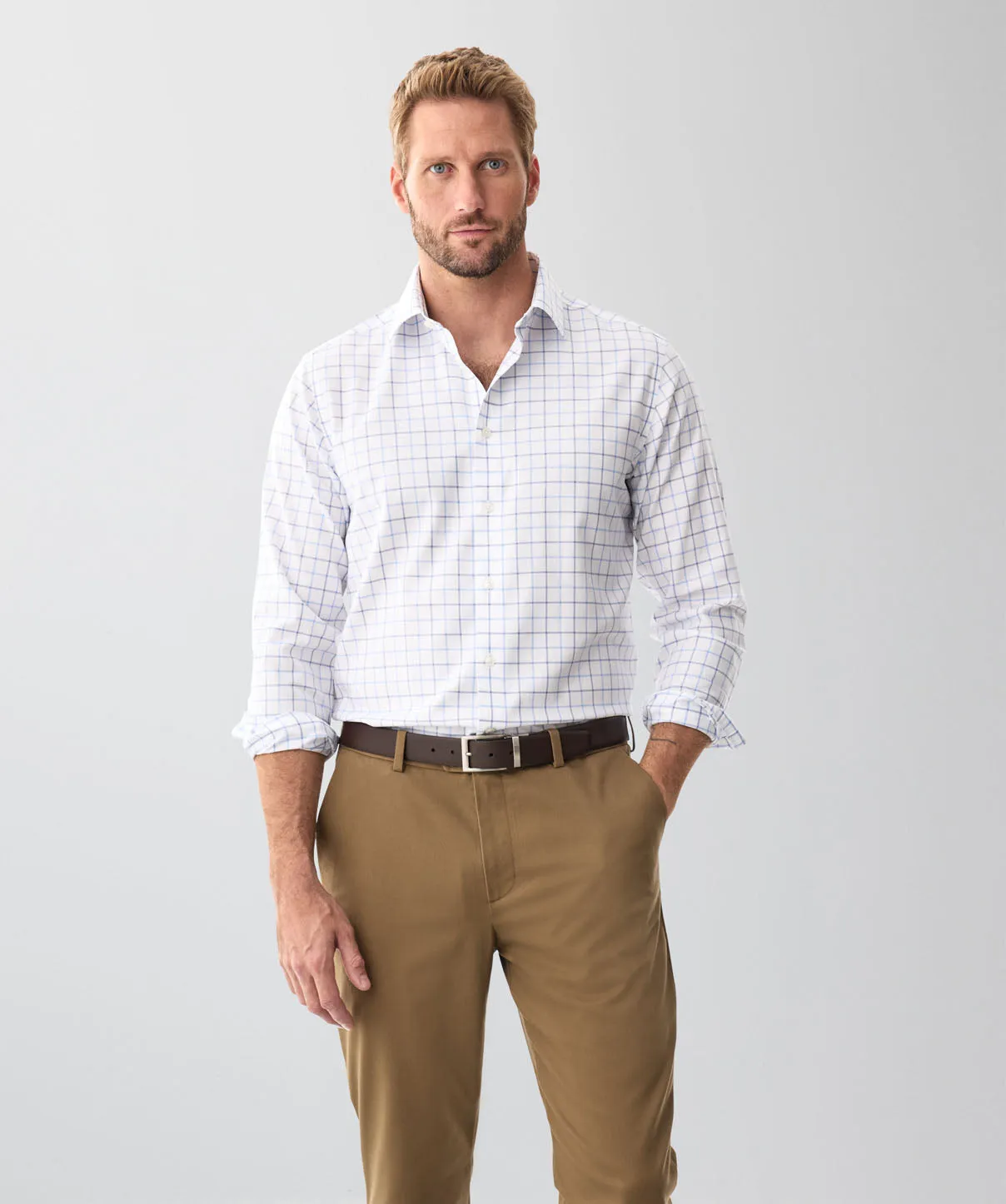 Non-Iron Twill Check Long Sleeve Shirt - White sold by GAZMAN