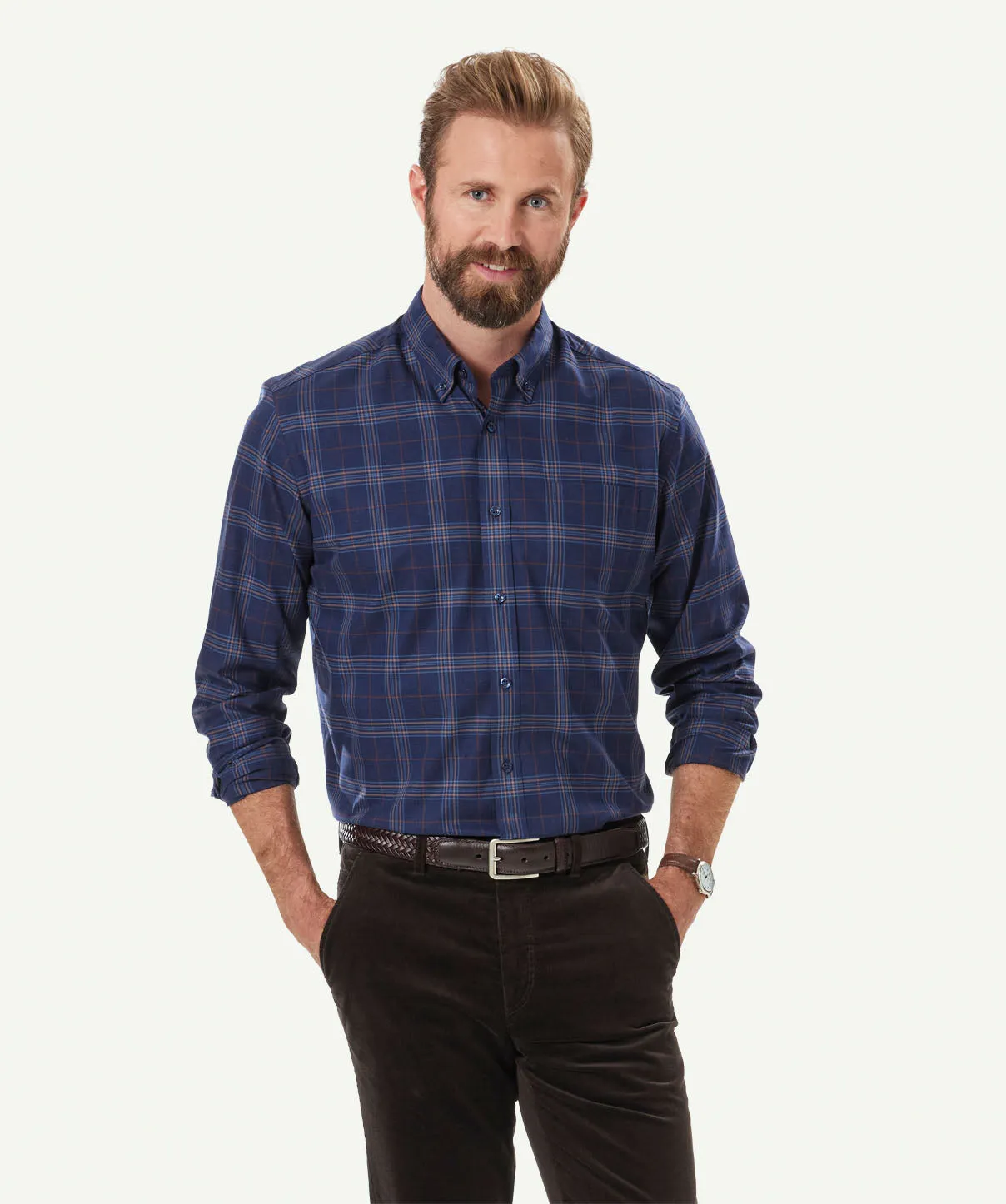 Easy Care Twill Melange Check Long Sleeve Shirt - Navy Melange sold by GAZMAN