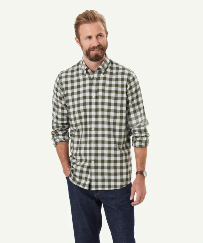 Brushed Twill Melange Check Long Sleeve Shirt - Olive sold by GAZMAN