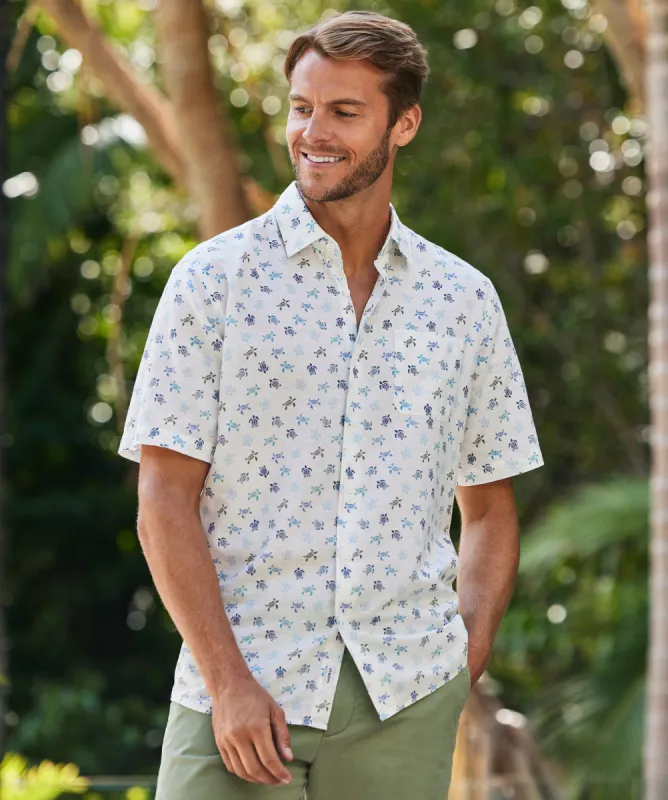 Linen Blend Turtle Print Short Sleeve Shirt - White sold by GAZMAN