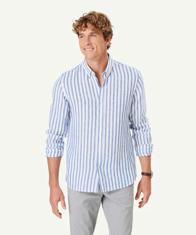 Tailored French Linen Stripe Long Sleeve Shirt - French Navy sold by GAZMAN