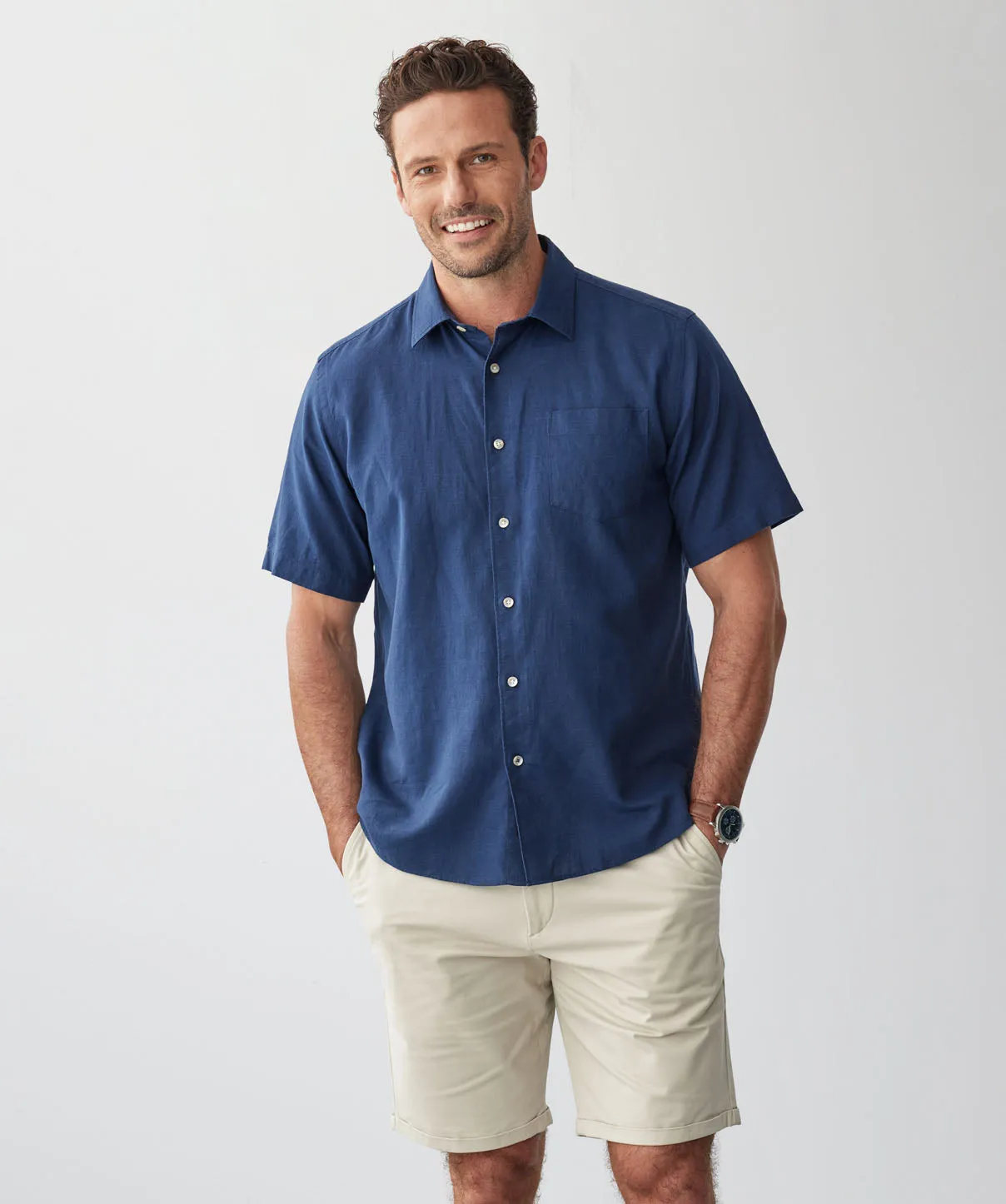 Linen Blend Plain Short Sleeve Shirt - Navy sold by GAZMAN
