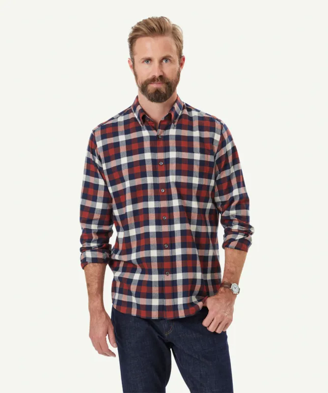 Brushed Twill Box Check Long Sleeve Shirt - Brick sold by GAZMAN