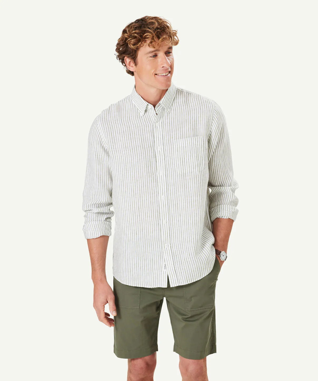 Pure French Linen Stripe Long Sleeve Shirt - Olive sold by GAZMAN