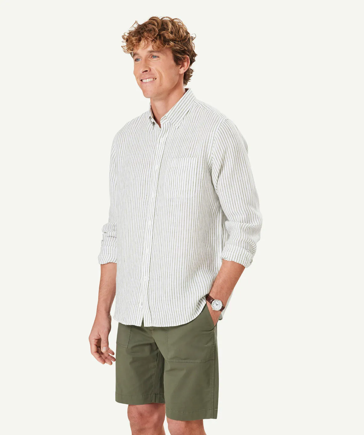 Pure French Linen Stripe Long Sleeve Shirt - Olive sold by GAZMAN product image thumbnail 5