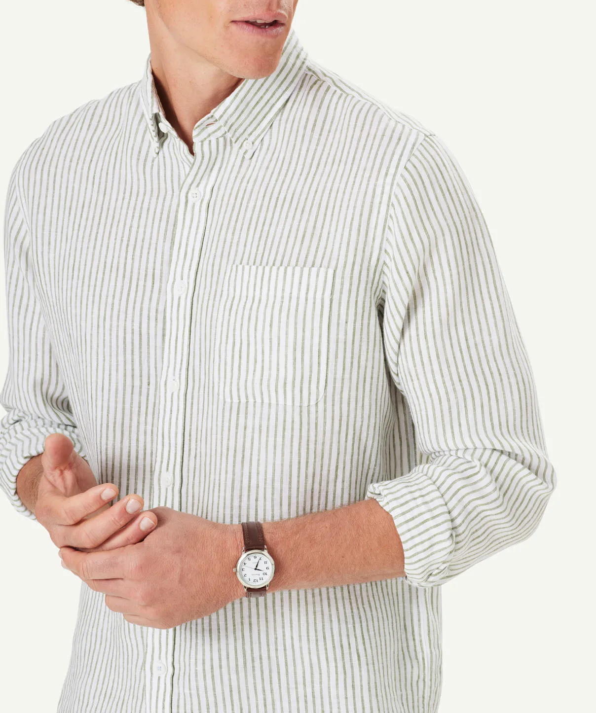Pure French Linen Stripe Long Sleeve Shirt - Olive sold by GAZMAN product image thumbnail 4
