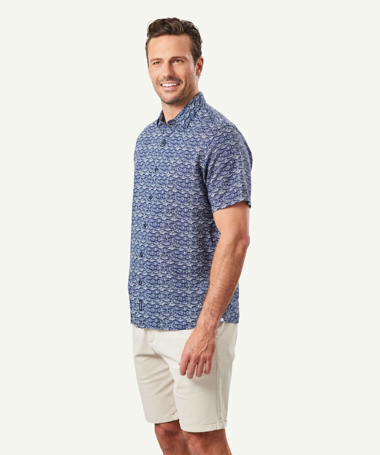 Linen Blend Fish Print Short Sleeve Shirt - Navy sold by GAZMAN product image thumbnail 5