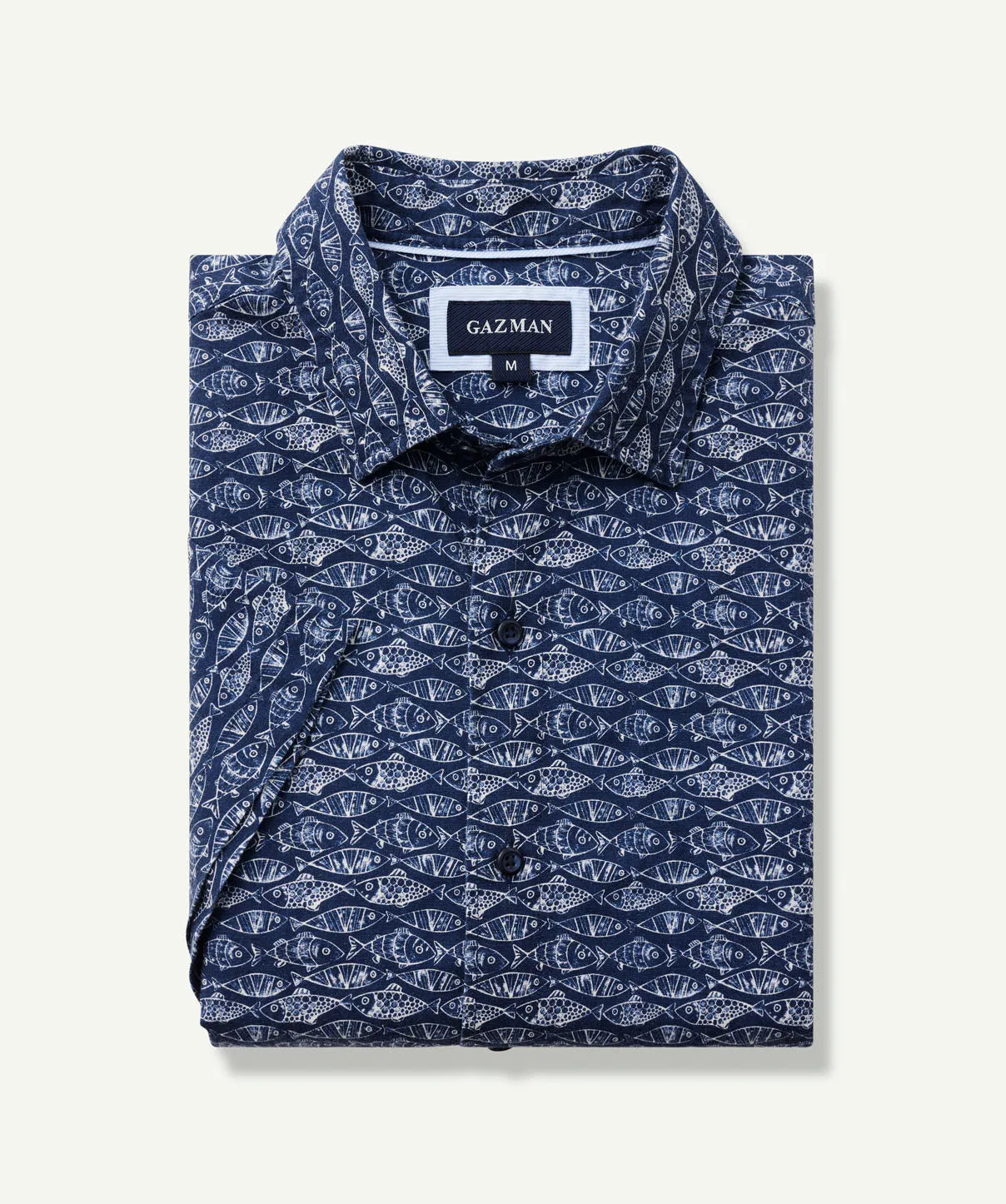 Linen Blend Fish Print Short Sleeve Shirt - Navy sold by GAZMAN product image thumbnail 2