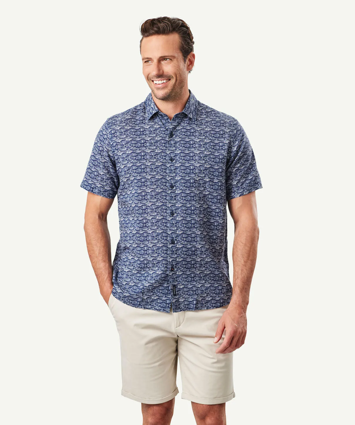 Linen Blend Fish Print Short Sleeve Shirt - Navy sold by GAZMAN
