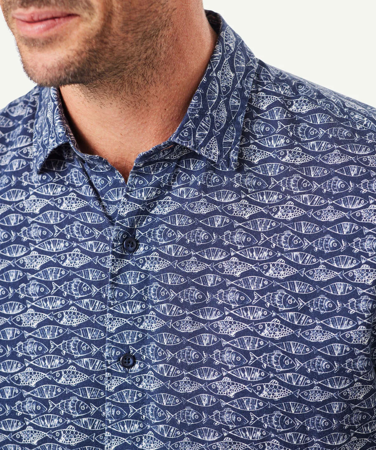 Linen Blend Fish Print Short Sleeve Shirt - Navy sold by GAZMAN product image thumbnail 4