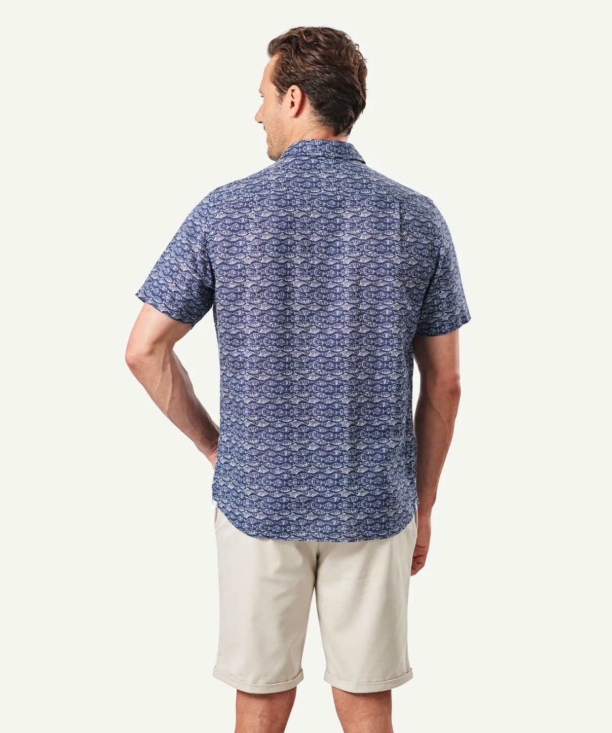 Linen Blend Fish Print Short Sleeve Shirt - Navy sold by GAZMAN product image thumbnail 3