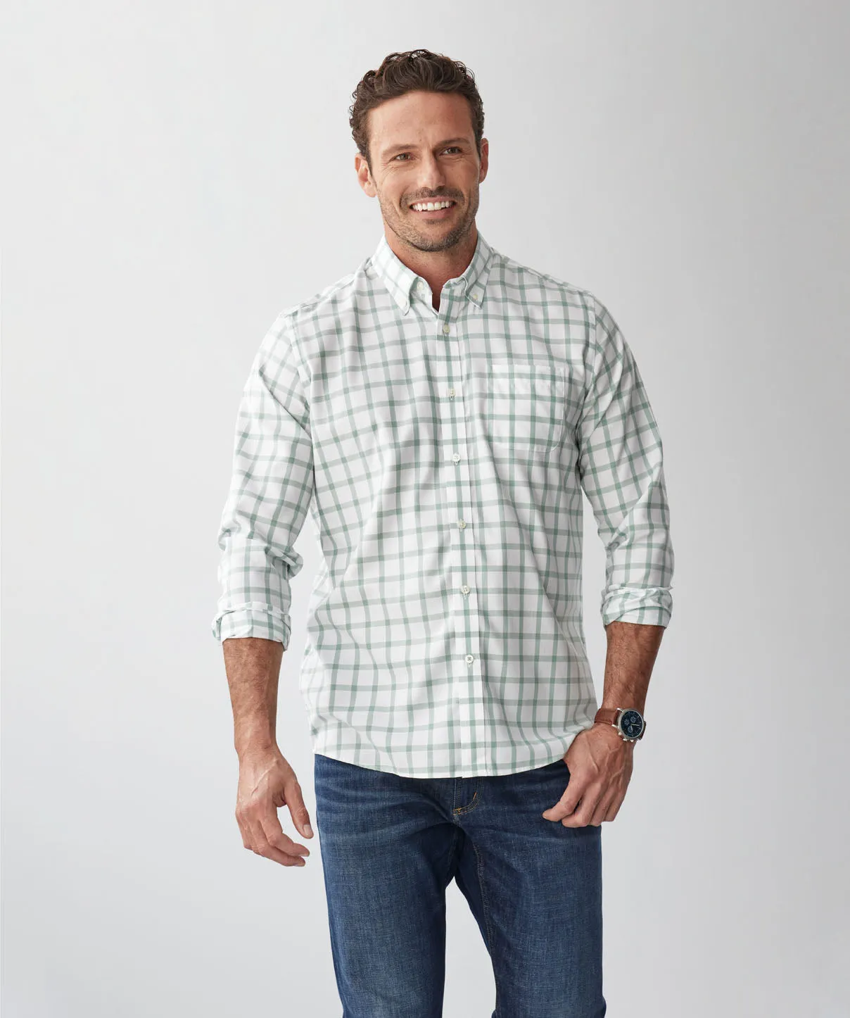 Easy Care Twill Check Long Sleeve Shirt - Sage sold by GAZMAN