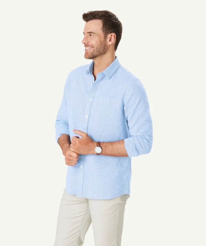 Linen Blend Houndstooth Long Sleeve Shirt - Sky Blue sold by GAZMAN