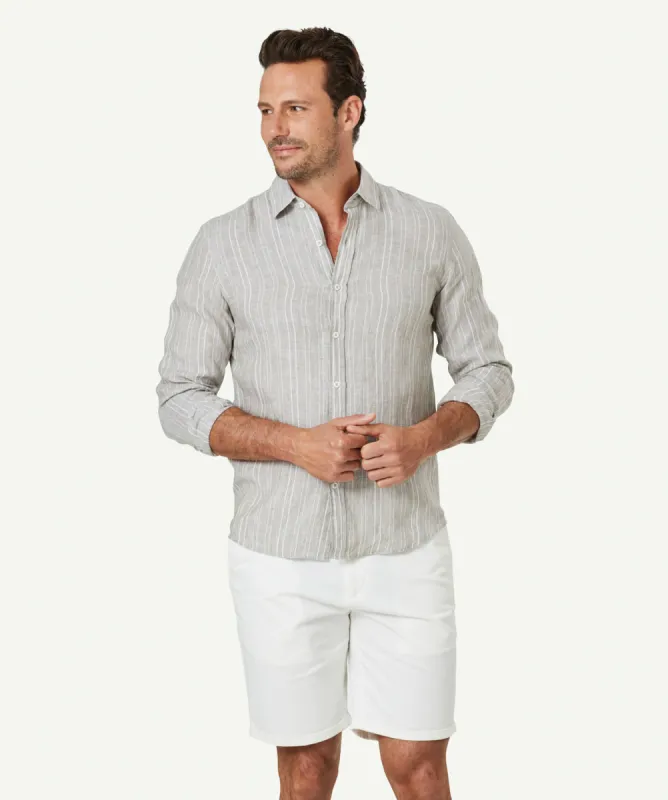 Tailored French Linen Stripe Long Sleeve Shirt - Sage sold by GAZMAN