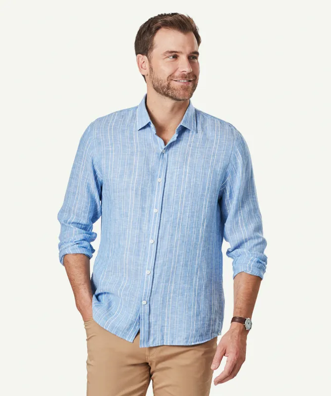 Tailored Linen Stripe Long Sleeve Shirt - Marine Blue sold by GAZMAN