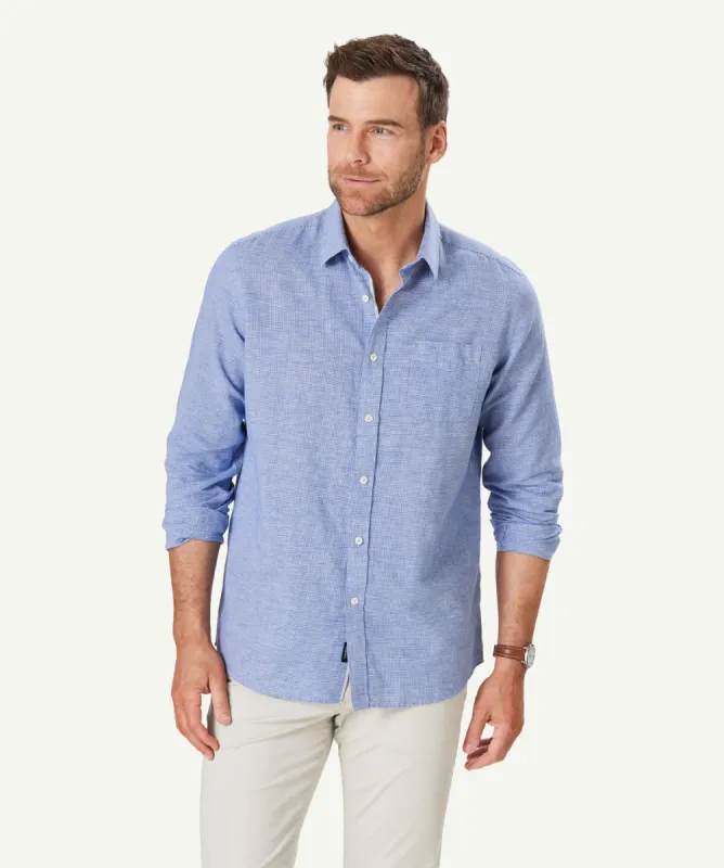 Linen Blend Houndstooth Long Sleeve Shirt - Navy sold by GAZMAN