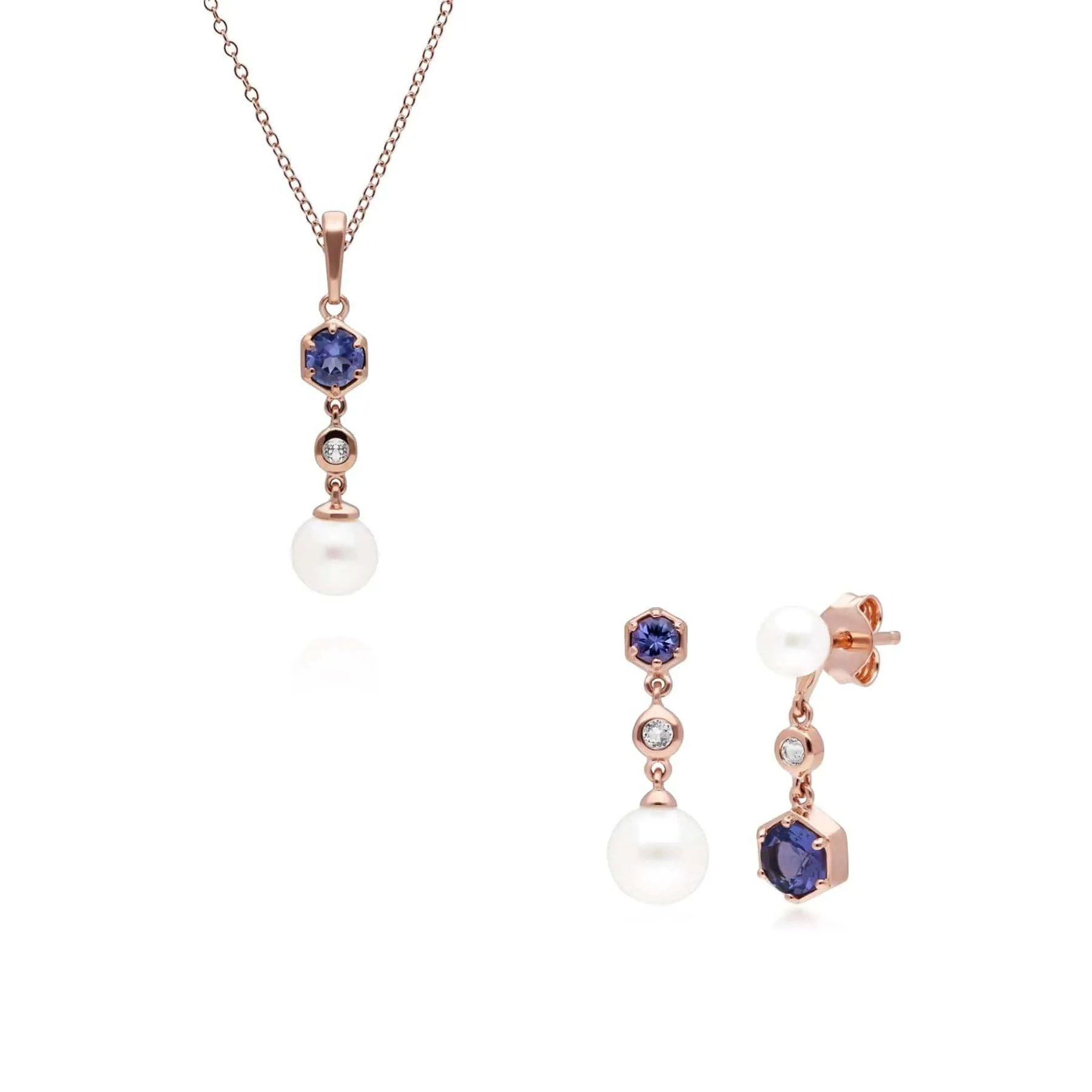 Modern Pearl, Tanzanite & Topaz Pendant & Earring Set in Rose Gold Plated Silver sold by Gemondo Jewellery