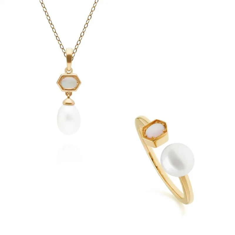 Modern Pearl & Opal Pendant & Ring Set in Gold Plated  Silver sold by Gemondo Jewellery