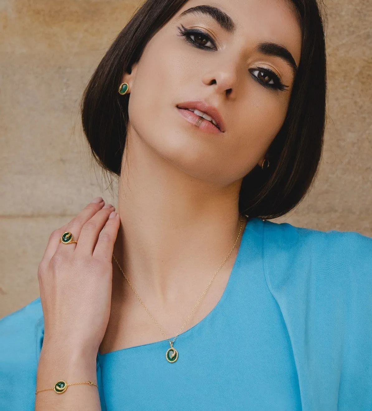 ECFEW™ Dyed Green Chalcedony Winding Snake Stud Earrings in Gold Plated Sterling Silver sold by Gemondo Jewellery product image thumbnail 3