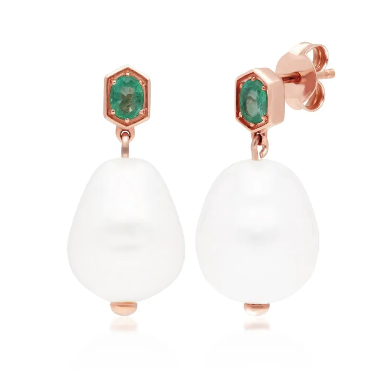 Modern Baroque Pearl & Emerald Drop Earrings in Rose Gold Plated Silver sold by Gemondo Jewellery