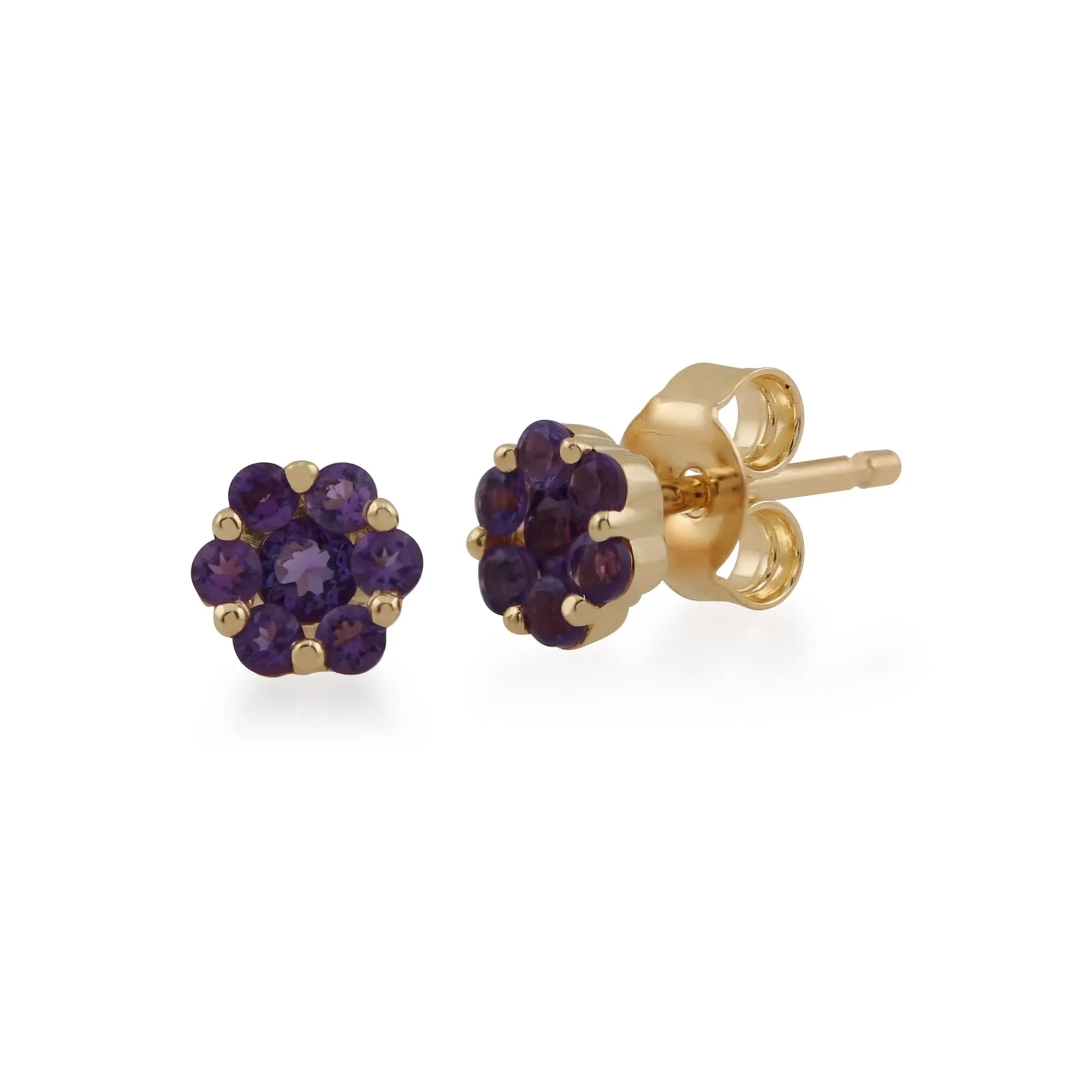 Floral Round Amethyst Cluster Stud Earrings in 9ct Yellow Gold sold by Gemondo Jewellery