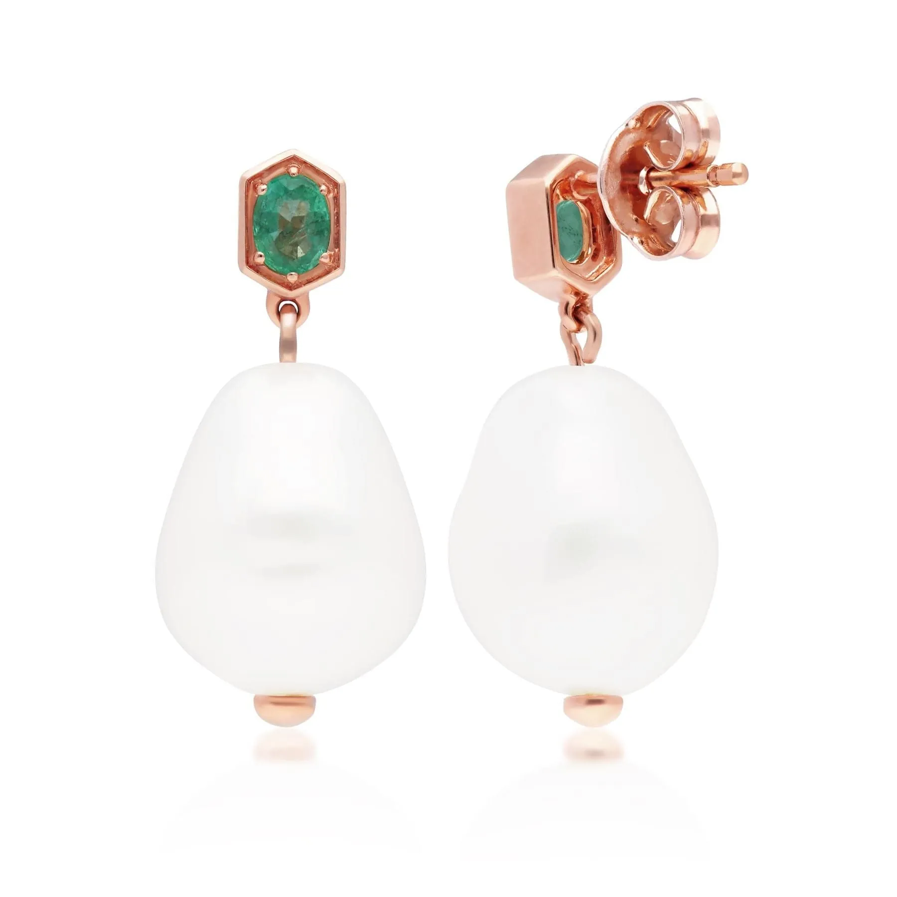 Modern Baroque Pearl & Emerald Drop Earrings in Rose Gold Plated Silver sold by Gemondo Jewellery product image thumbnail 3