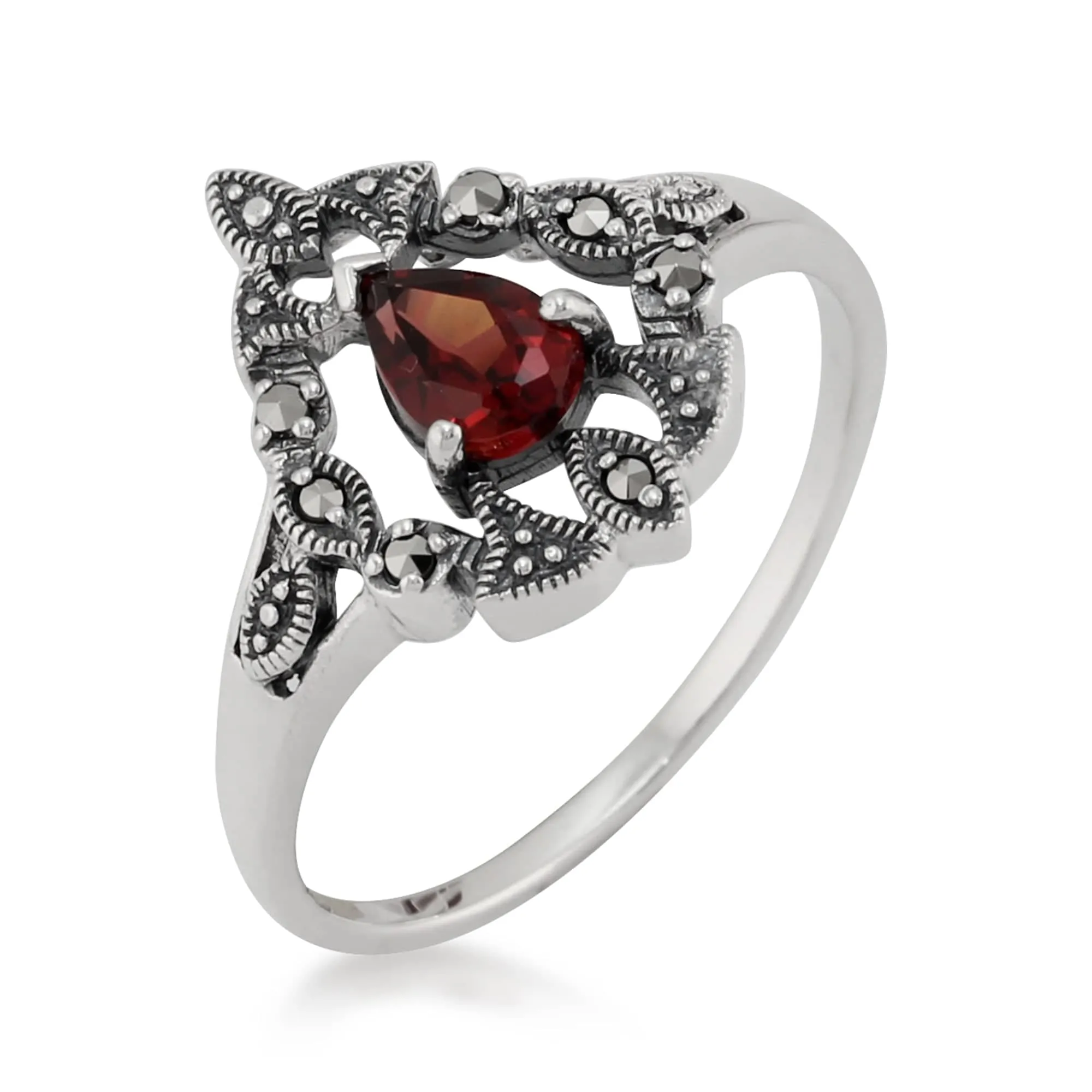 Victorian Style Pear Garnet & Marcasite Garland Statement Ring in Silver sold by Gemondo Jewellery product image thumbnail 4