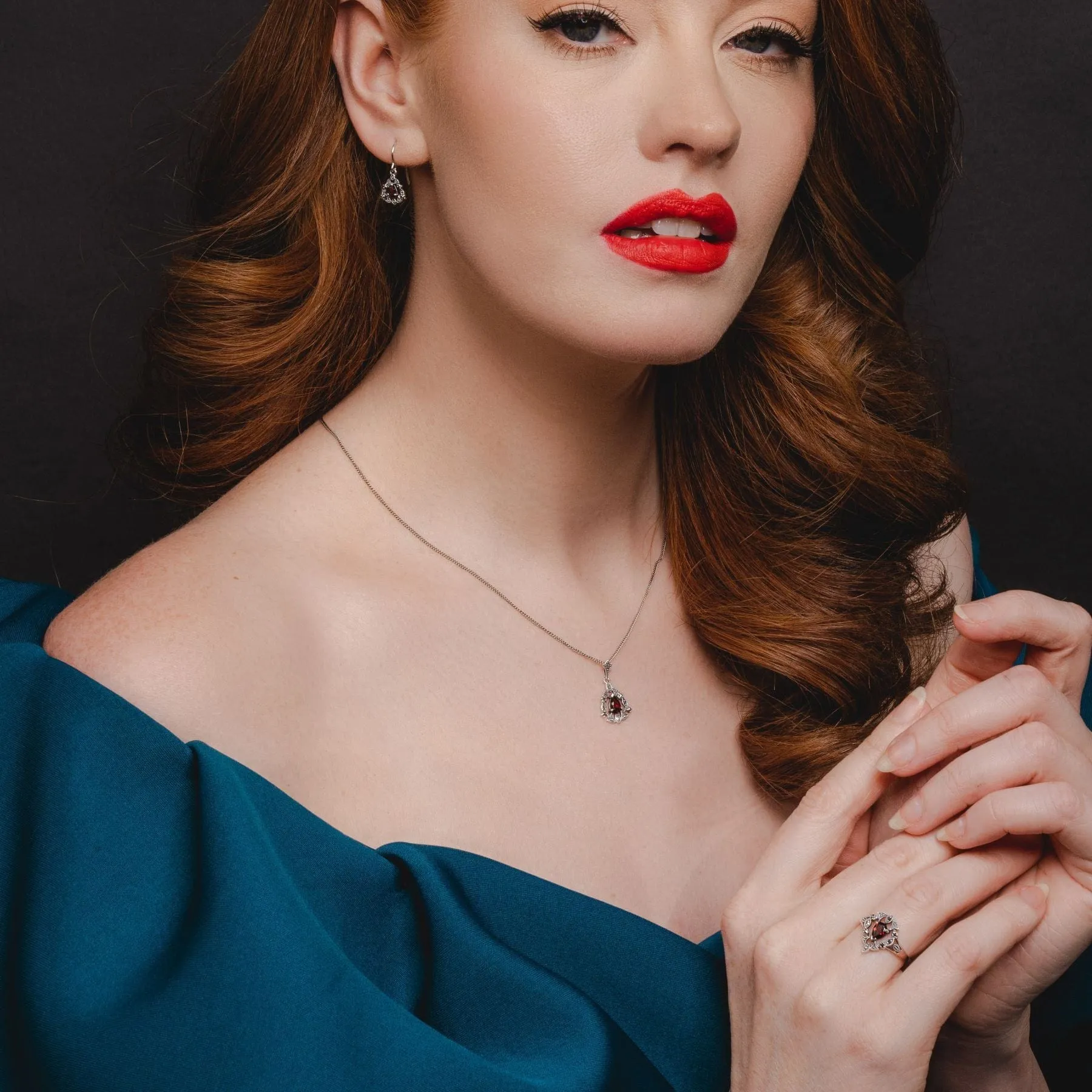 Victorian Style Pear Garnet & Marcasite Garland Statement Ring in Silver sold by Gemondo Jewellery product image thumbnail 3