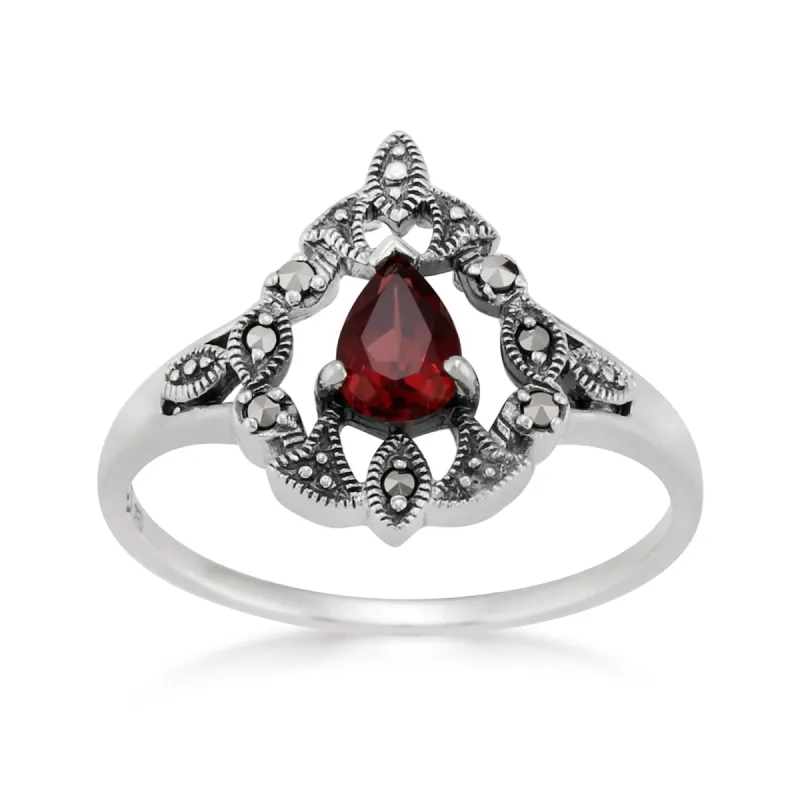 Victorian Style Pear Garnet & Marcasite Garland Statement Ring in Silver sold by Gemondo Jewellery