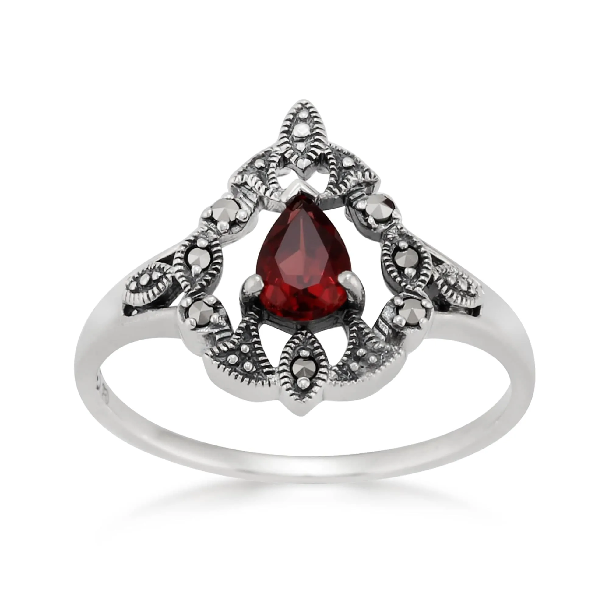 Victorian Style Pear Garnet & Marcasite Garland Statement Ring in Silver sold by Gemondo Jewellery