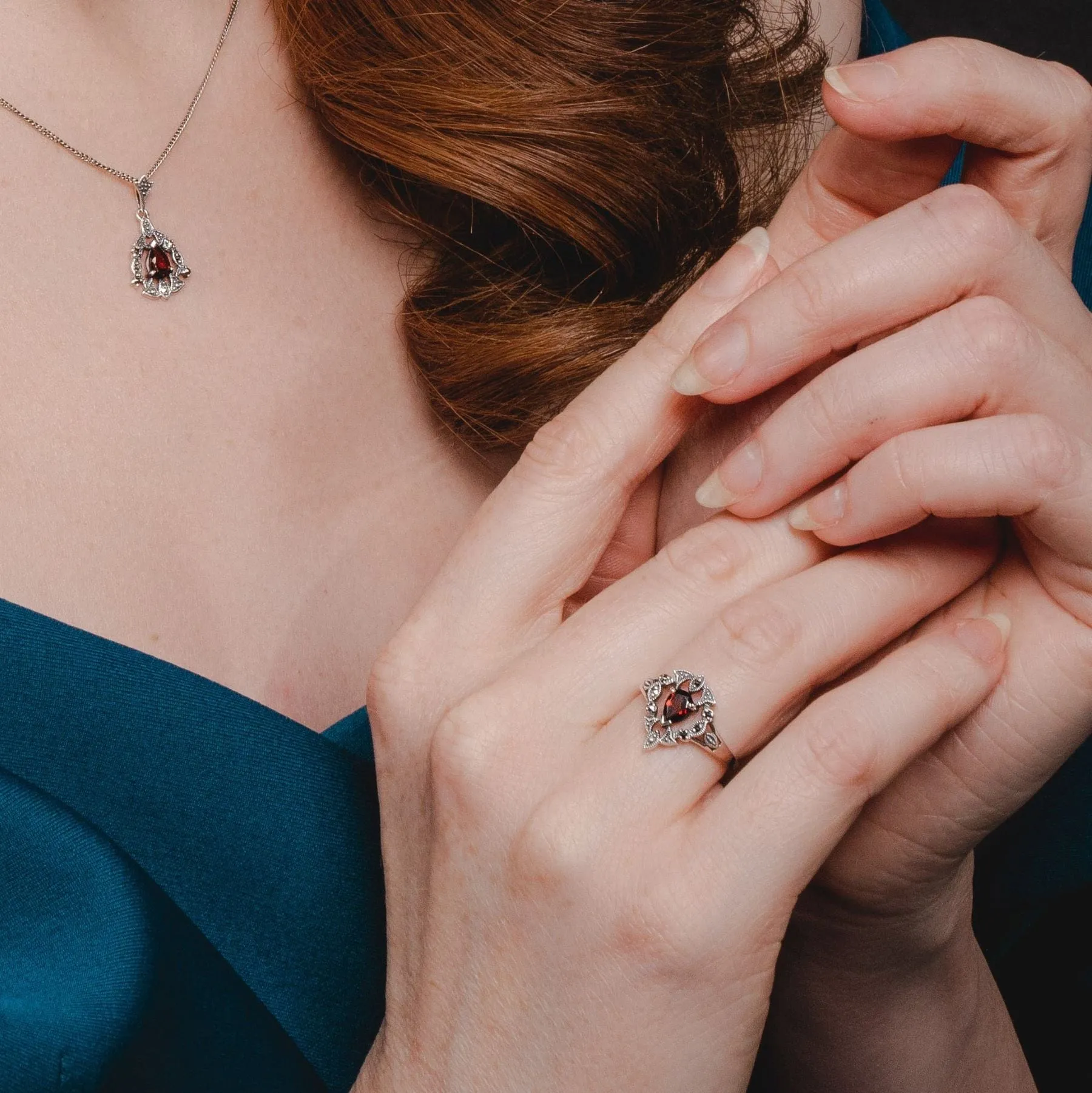 Victorian Style Pear Garnet & Marcasite Garland Statement Ring in Silver sold by Gemondo Jewellery product image thumbnail 2