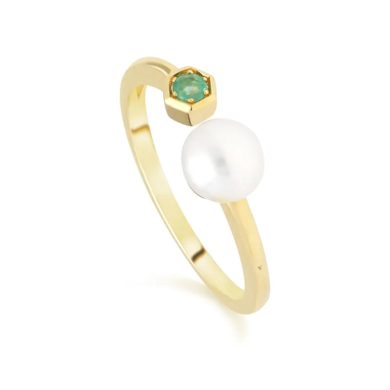 Modern Pearl & Emerald Open Ring in 9ct Gold sold by Gemondo Jewellery