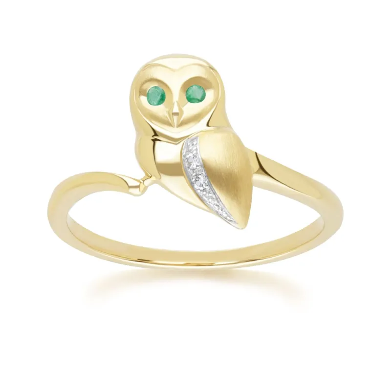 Gardenia Emerald and White Sapphire Owl Ring in 9ct Yellow Gold sold by Gemondo Jewellery