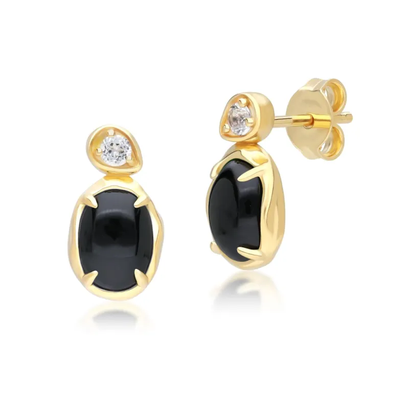 Irregular Oval Black Onyx & Topaz Drop Earrings In 18ct Gold Plated SterlIng Silver sold by Gemondo Jewellery