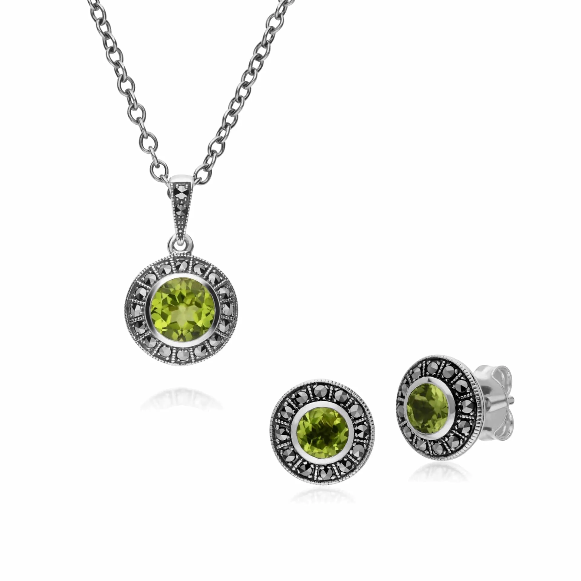 Art Deco Style Round Peridot and Marcasite Cluster Stud Earrings & Pendant Set in 925 Sterling Silver sold by Gemondo Jewellery