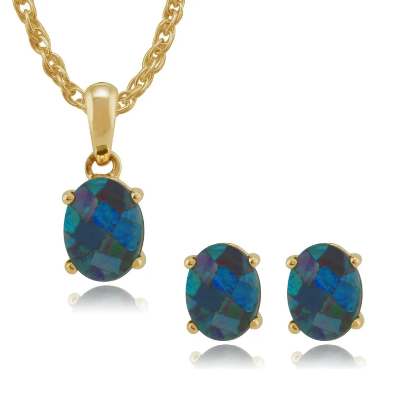 Classic Oval Triplet Opal Single Stone Stud Earrings & Pendant Set in 9ct Yellow Gold sold by Gemondo Jewellery