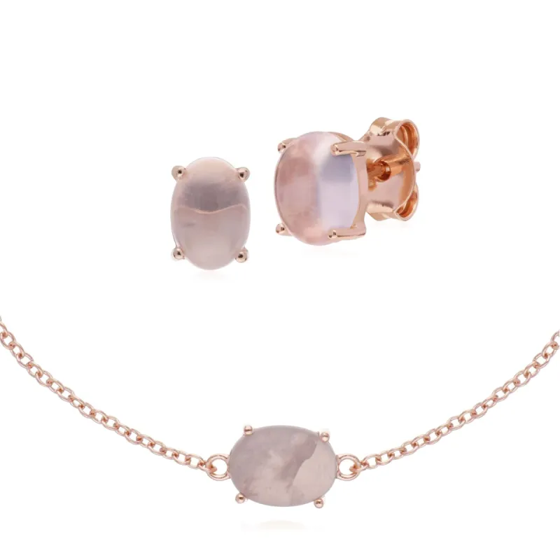Classic Oval Rose Quartz Stud Earrings & Bracelet Set in Rose Gold Plated 925 Sterling Silver sold by Gemondo Jewellery