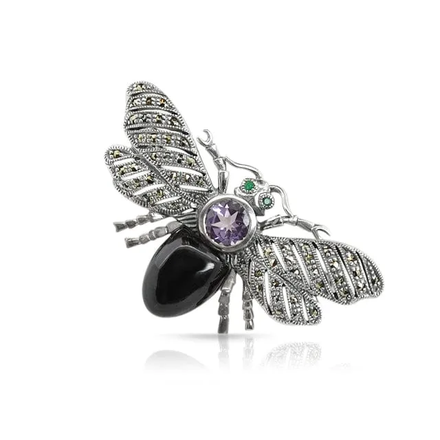 Art Nouveau Style Round Amethyst Onyx & Marcasite Insect Brooch in 925 Sterling Silver sold by Gemondo Jewellery