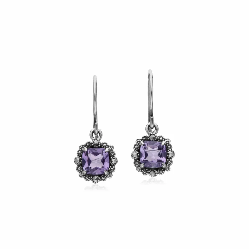 Art Deco Style Square Cushion Amethyst & Marcasite Drop Earrings in 925 Sterling Silver sold by Gemondo Jewellery