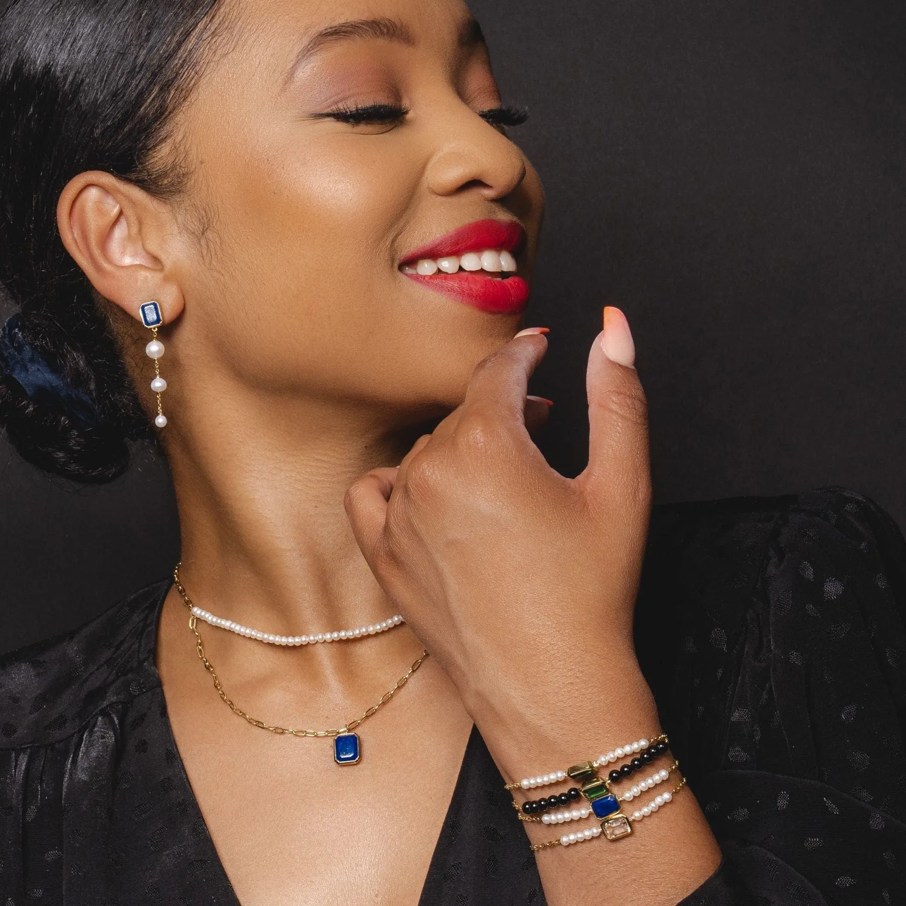 ECFEW™ Unifier Lapis Lazuli & Pearl Dangle Drop Earrings In Yellow Gold Plated Silver sold by Gemondo Jewellery product image thumbnail 3