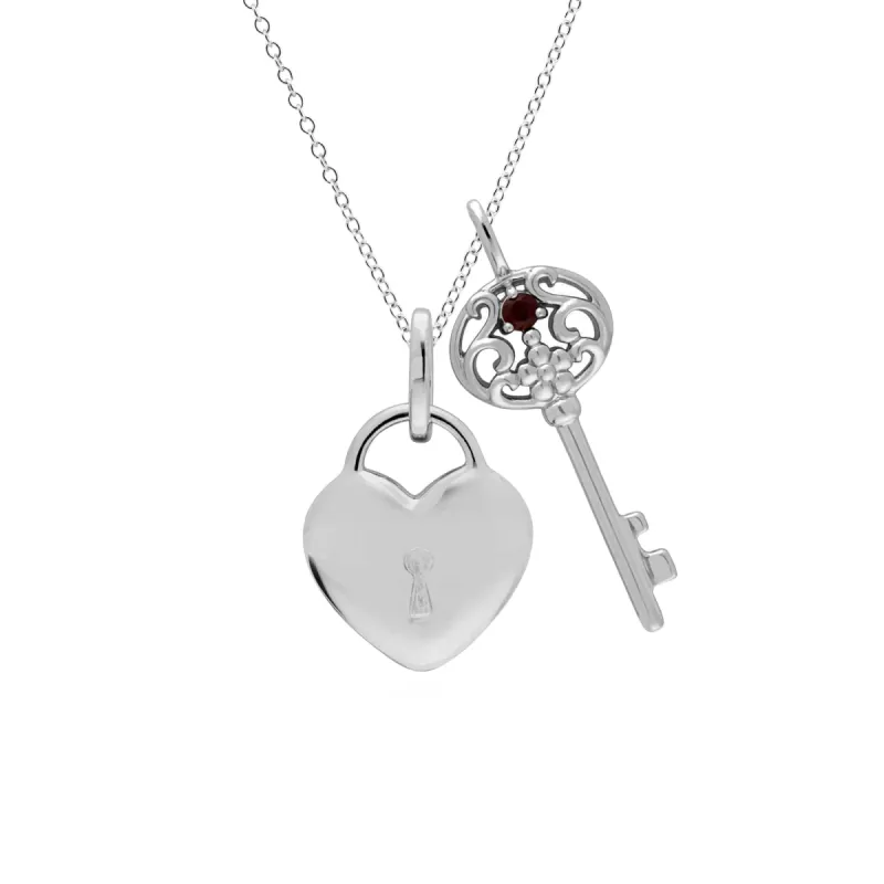 Classic Heart Lock Pendant & Garnet Big Key Charm in 925 Sterling Silver sold by Gemondo Jewellery