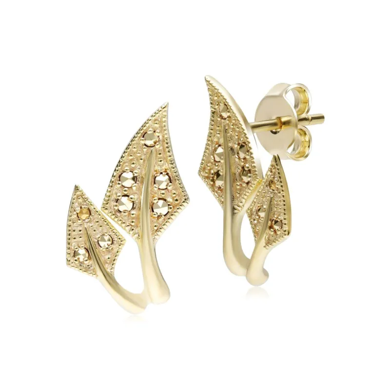 Art Nouveau Inspired Marcasite Leaf Earrings in 18ct Gold Plated Silver sold by Gemondo Jewellery