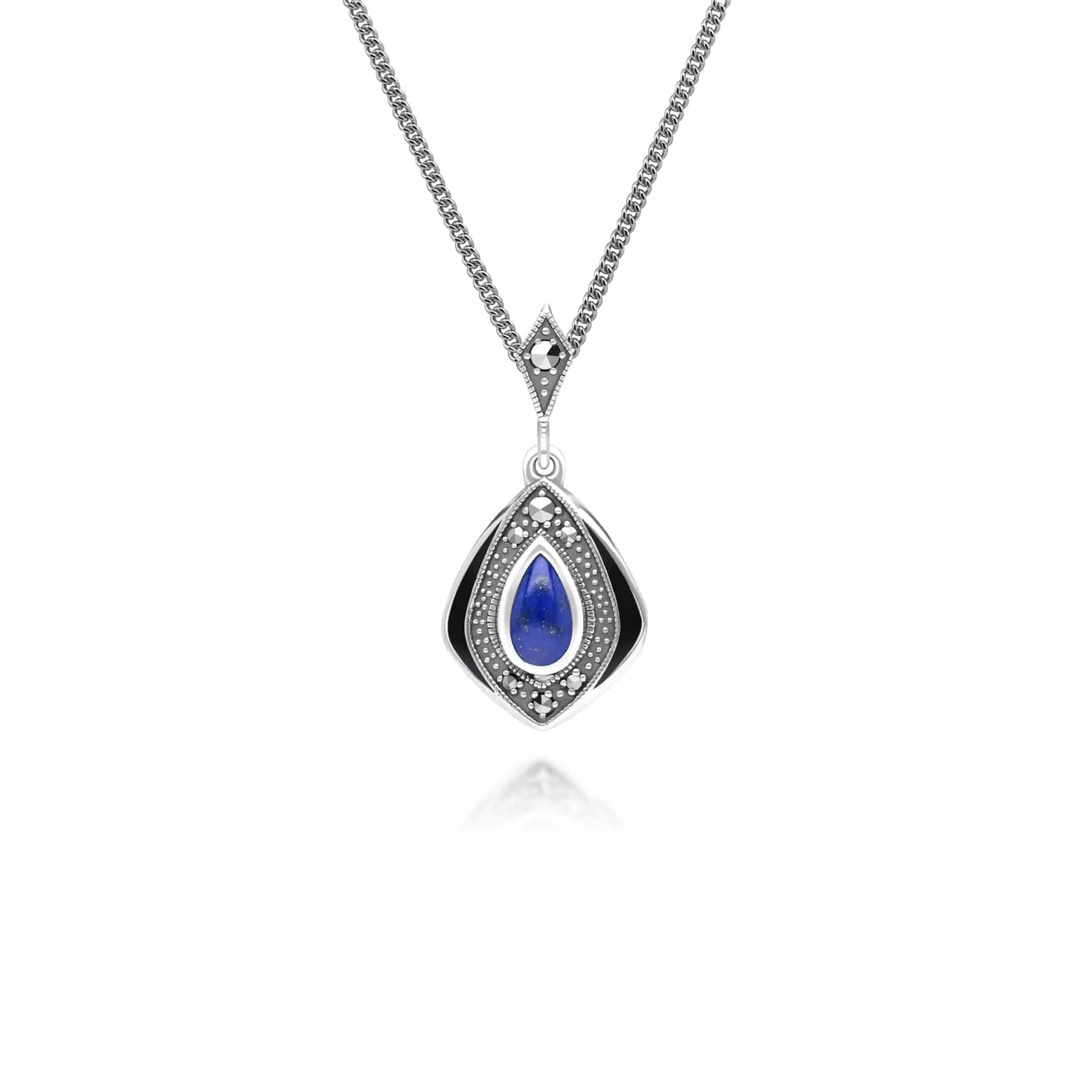 Art Deco Style Kite Lapis Lazuli and Marcasite Pendant Necklace in Sterling Silver sold by Gemondo Jewellery