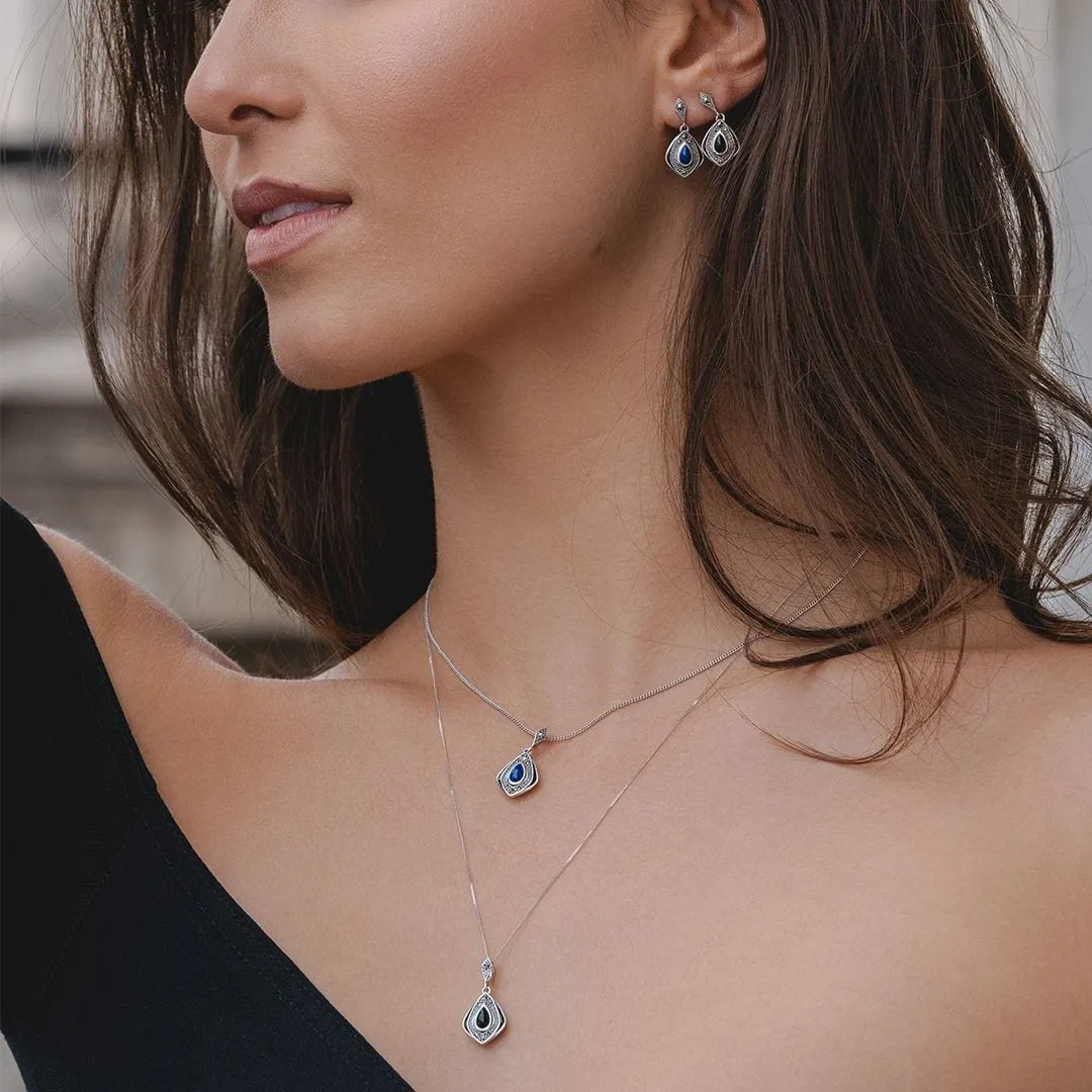 Art Deco Style Kite Lapis Lazuli and Marcasite Pendant Necklace in Sterling Silver sold by Gemondo Jewellery product image thumbnail 2