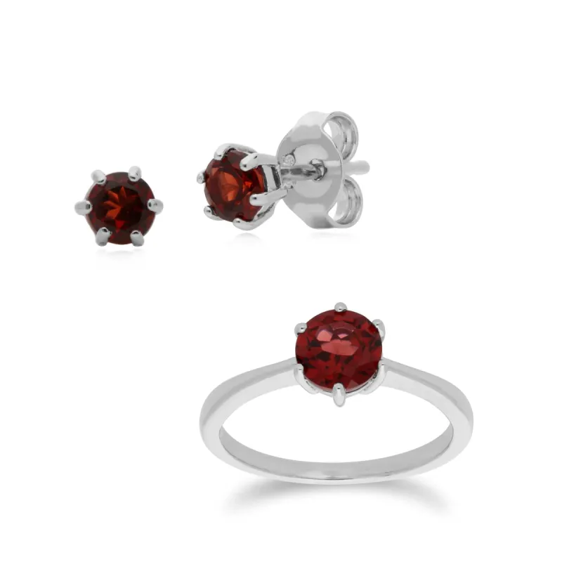Garnet Bezel Stud Earrings & Ring Set in 925 Sterling Silver sold by Gemondo Jewellery