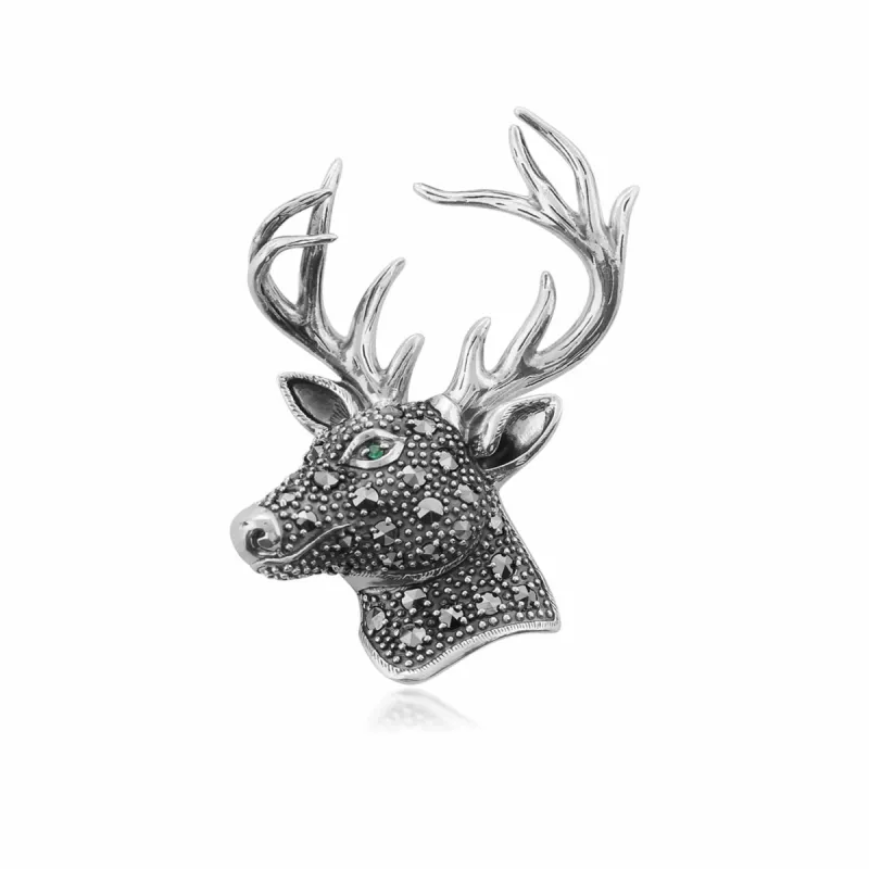 Classic Round Marcasite & Emerald Stag Brooch in 925 Sterling Silver sold by Gemondo Jewellery