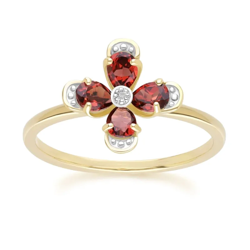 Floral Garnet & Diamond Ring in 9ct Yellow Gold sold by Gemondo Jewellery