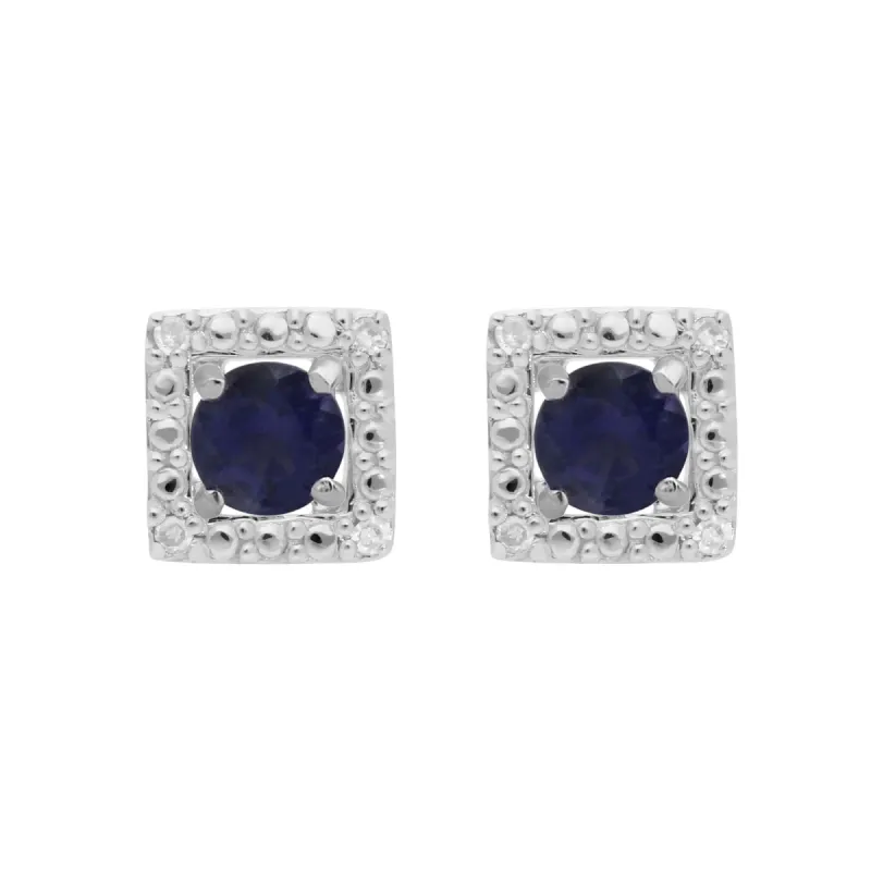 Classic Round Iolite Stud Earrings with Detachable Diamond Square Ear Jacket in 9ct White Gold sold by Gemondo Jewellery